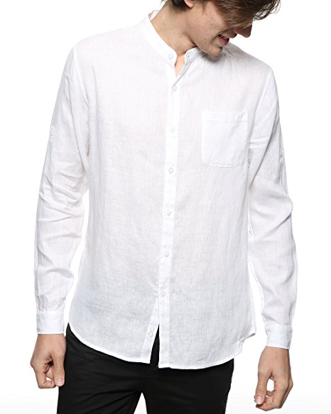 BYLUNTA Men's 100% Linen Long Sleeve Band Collar Casual Beach Shirt Regular Fit for Groom on Casual Weddings