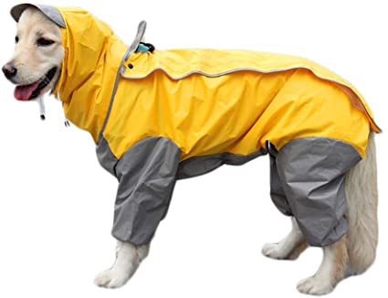 TFENG Dog Raincoat with Removable Hoodie, Outdoor Adjustable Drawstring, Magic Tape Waterproof Rain Jacket with Hood Collar Hole Yellow Size 20