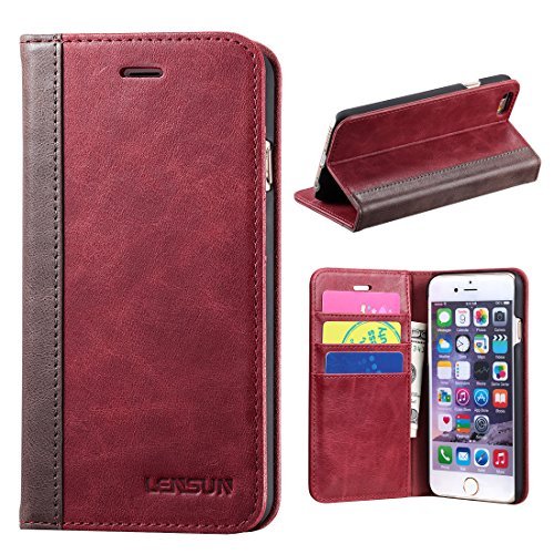 iPhone 6 Plus Case, Lensun Genuine Leather Wallet Case Cover for Apple iPhone 6 Plus / 6S Plus 5.5"  - Wine Red (6P-FG-WR)