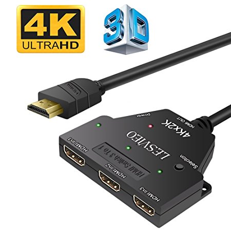 LESVIEO 4K 3 Port HDMI Switch, 3 In 1 Out HDMI Switcher with 3.3FT Pigtail Cable Support 4Kx2K 3D 1080P for HDTV, Xbox, PS3, PS4, Blue-Ray DVD Player, etc - [Updated 4K Version]