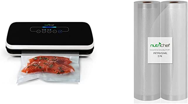 NutriChef PKVS Vacuum_Sealer_Machine, 12", Black & Vacuum Sealer Bags 11x50 Rolls 2 pack for Food Saver, Seal a Meal, NutriChef, Weston. Commercial Grade, BPA Free, Heavy Duty