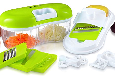 Gourmia GCH9290 Chopper & Grater Set All-in-One Pull String Food Processor & Mandoline Slicer With 2-Sided Container & Interchangeable Attachments, Durable BPA free food safe material