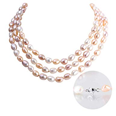 LGSY Cultured Freshwater Pearls Strand Necklace for Women in 48 Inch Length Multicolor White, Pink, Purple Pearls, Sterling Silver Lobster Clasp Design Pretty Colors Genuine Necklace for Anniversary Engagement Wedding Gift