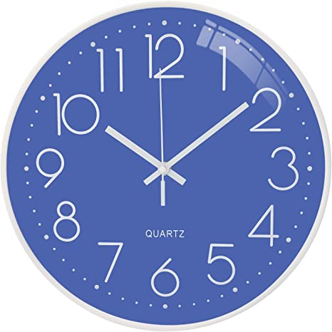 Silent Wall Clock Non Ticking Solar Movement Clock Easy to Read 12Inch Numerals Wall Clock (Blue)