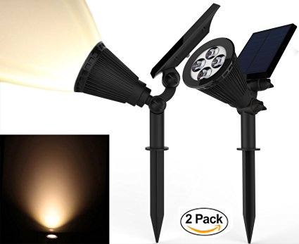 Solar Spotlights, Kiwii Warm Light 2-in-1 Adjustable 4 LED Wall / Landscape Solar Lights with Automatic On/Off Sensor, 2 Pack