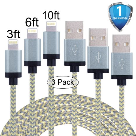 G-POW 3Pack 3ft 6ft 10ft Nylon Braided Lightning Cable Charging Cable USB Cord for iphone 6s, 6s plus, 6plus, 6,5s 5c 5,iPad Mini, Air,iPad5,iPod. Compatible with iOS9.(gold gray)