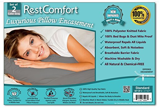 Set of 2 Bed Bug and Dust Mite Bacteria, Allergy Proof / Waterproof Pillow Protectors - Hypoallergenic Breathable and Quite - Zippered Pillow Encasement, RestComfort (Standard 21"x27", Gray)