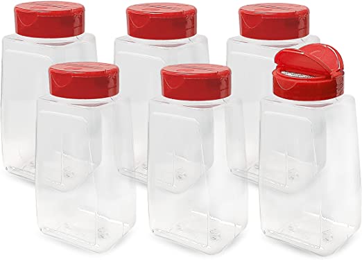 ljdeals 16 oz Clear Plastic Spice Jars Containers with Red Dual Shake Lids and Induction Seal Liners for Herbs, Spices and Powers, Pack of 6, Made in USA