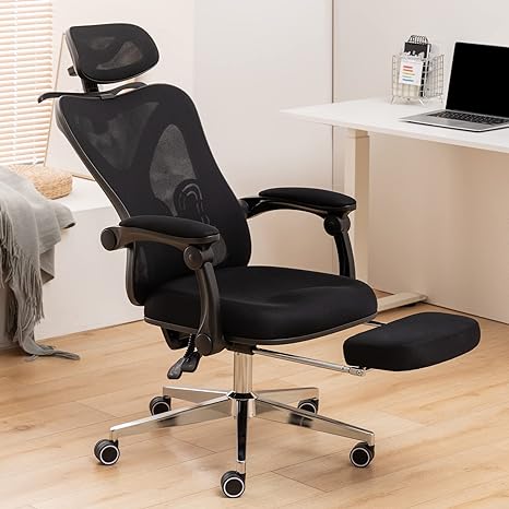 GGN Mesh Office Chair, Reclining Office Desk Chair with Foot Rest, Adjustable Lumbar Support & Headrest, Adults Rolling Task Chair (Black)