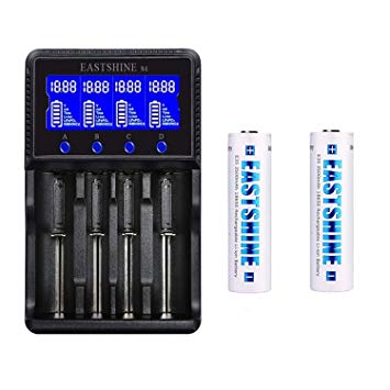 LCD Display UL Listed Speedy Universal Battery Charger & 18650 Button Top Battery, EASTSHINE S4 Smart Charger for Rechargeable Batteries Ni-MH Ni-Cd AA AAA Li-ion LiFePO4 IMR 10440 14500 16340 18650