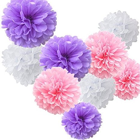 Fonder Mols 9pcs Mixed Sizes 8'' 10'' 14'' Tissue Paper Pom Poms Flower Wedding Party Baby Girl Room Nursery Decoration (White Pink Purple)