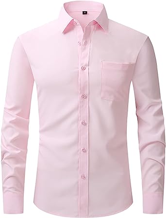 HOTIAN Men's Regular Fit Dress Shirt Stretch Button-Down Shirt Spread Collar Long Sleeve with Pockets