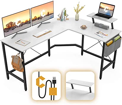 Cubiker Modern L-Shaped Computer Office Desk, Corner Gaming Desk with Monitor Stand, Home Study Writing Table Workstation for Small Spaces, White