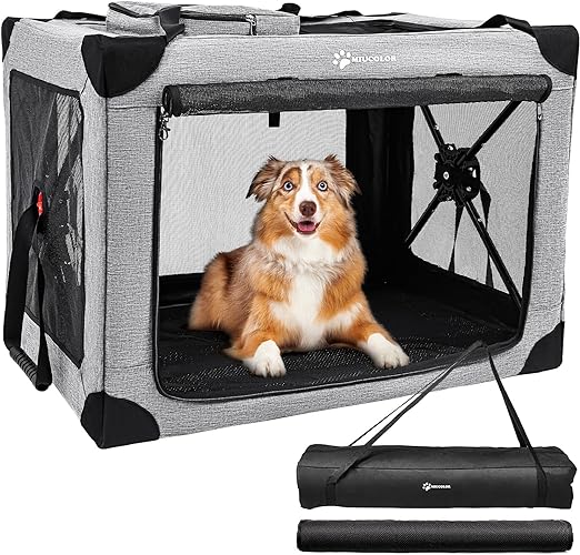 MIU COLOR Portable Quick Set-up Dog Crate for Medium Dog,3-Door Collapsible Travel Dog Kennel,32 inch Soft Indoor & Outdoor Dog Cage with Durable Mesh Windows and mat (32" L x 23" W x 23" H)