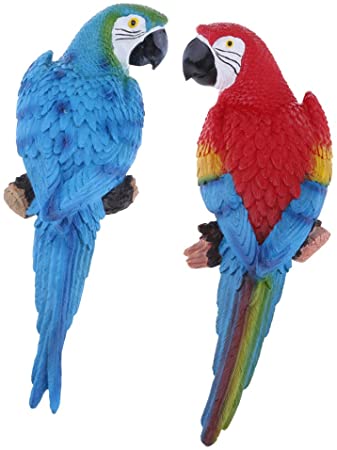 1 Pair Realistic Large Parrot Lifelike Bird Ornament Resin Animal Model Statues DIY Lawn Sculpture Tree Decor 31cm Blue Look Right & Red Parrots