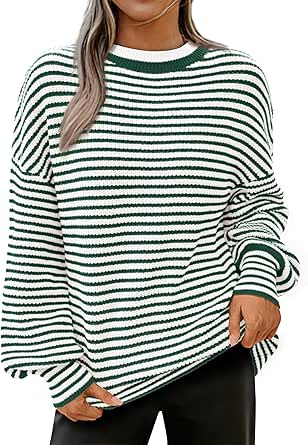 PRETTYGARDEN Women's Sweaters 2024 Puffy Long Sleeve Crewneck Soft Loose Pullover Tops Chunky Knitted Striped Sweater