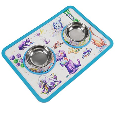 Cat Tales: Cat-titude, Food & Water Bowls with Mat Set – Premium 4 oz. Stainless Steel Dishes with Food-Grade Silicone Feeding/Litter Box Mat by Weebo Pets