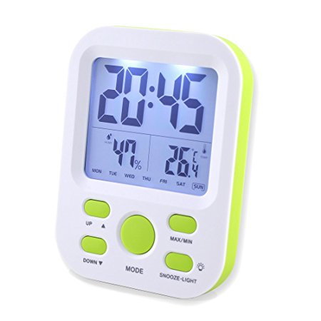 Travel Alarm Clock, Samshow Small Desk Shelf Wall Clock with Table Stand, Digital Large LCD Screen, Temperature Humidity Date 12/24h Display,Snooze Nightlight for Kids Teens Battery Operated (Green)