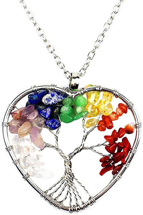 7 Chakra Gemstone Tree of Life Necklace Natural Tumbled Gemstone Wire Wrapped Pendant Handmade Necklace for Family Friends