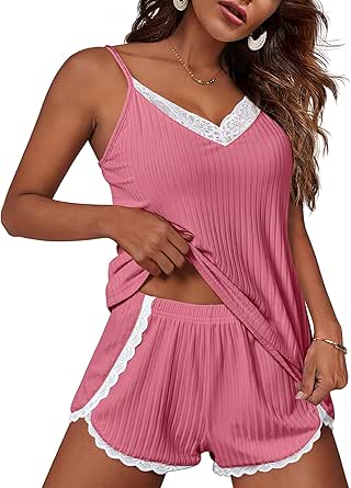 Ekouaer Womens Pajama Sets Soft Lingerie Sleepwear 2 Piece Cami Shorts Set V Neck Pj Lace Nightwear