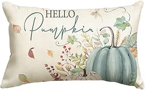 AVOIN colorlife Fall Hello Pumpkin Throw Pillow Cover 12x20 Inch, Seasonal Autumn Leaves Mushroom Thanksgiving Harvest Blue Cushion Case Decoration for Sofa Couch