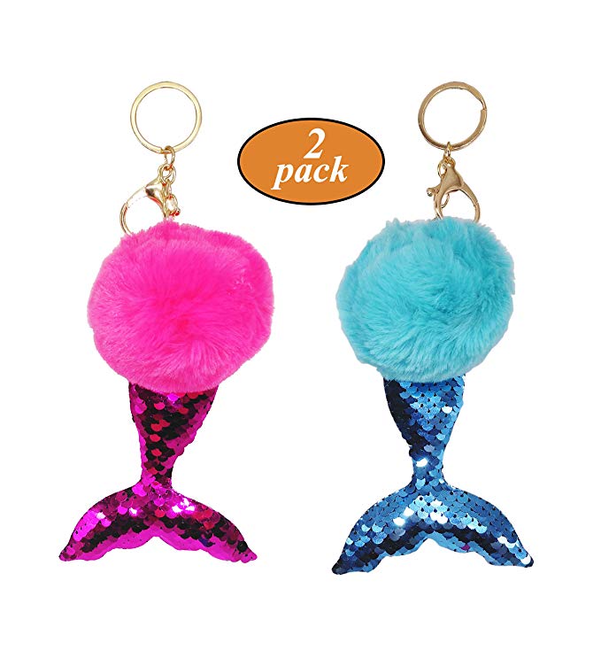 Neathouse 2 Pack Mermaid Sequin Keychain,Shiny Cute Plush Ball Keyring, Handbag Pendant, Novelty Keychain for Kids Party Favors
