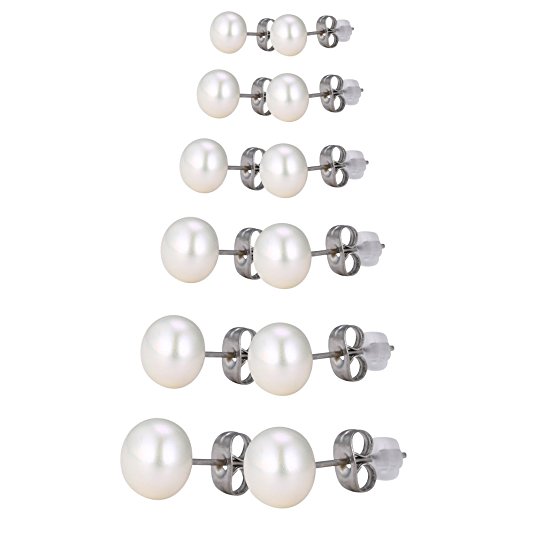 Kesaplan Womens Pure Natural Pearl Stud Earrings Round Ball Jewelry Set of 6 Pairs (3mm-8mm）