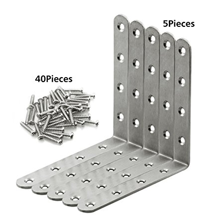 URBEST Right Angle Bracket 125mm/4.92" Heavy Duty Adjustable Shelf Stainless Steel Joint Brace Strong Loading Capacity Furniture Fitting with 40Pcs Screws, 5 Pack