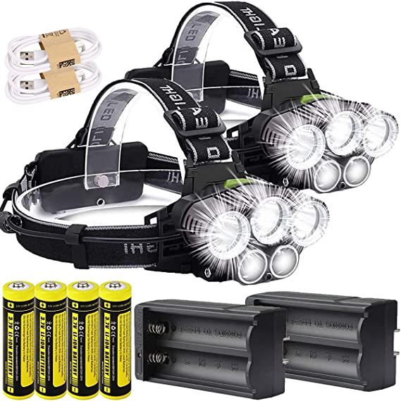 N/B 2PCS Headlamp USB Rechargeable LED Flashlight, 2000 High Lumen 6 Modes Waterproof Head Lighting, Perfect Headlamps for Camping, Running,Hiking, Cycling, Fishing, Climbing, Black