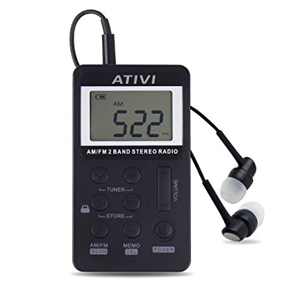 AM FM Pocket Radio,ATIVI Portable Mini Digital Tuning AM FM Stereo Radio with Rechargeable Battery LCD Display and Earphone for Walk,Black