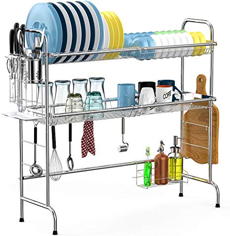 Over the Sink Dish Drying Rack, Cambond 2 Tier Dish Drainer Shelf Stainless Steel Large Dish Rack with Utensils Holder for Kitchen Counter, Silver