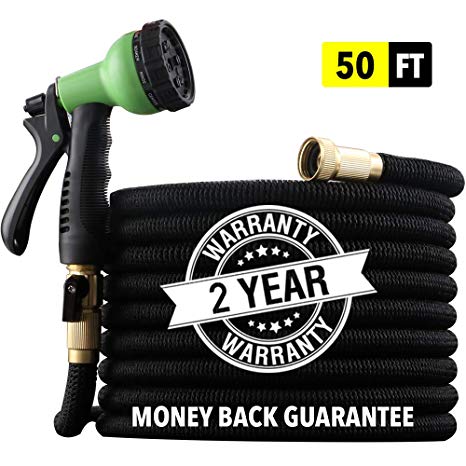 EnerPlex [2019 Upgraded] X-Stream 50 ft Non-Kink Expandable Garden Hose, 10-Pattern Spray Nozzle Included, 3/4” Brass Fittings with Shutoff Valve, Best 50' Foot Garden Hose - 2 Year Warranty - Black