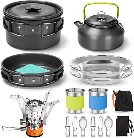 Odoland 16pcs Camping Cookware Mess Kit with Folding Camping Stove, Non-Stick Lightweight Pot Pan Kettle Set with Stainless Steel Cups Plates Forks Knives Spoons for Camping Backpacking Outdoor Picnic