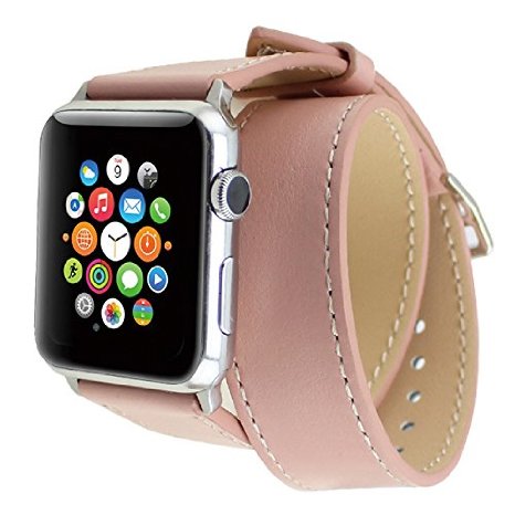 Apple Watch Band Wearlizer Genuine Leather Watch Strap Replacement w Metal Clasp for Apple Watch all Models Double Tour Design - 38mm Pink