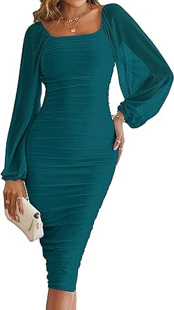 MEROKEETY Women's Long Puff Sleeve Ruched Bodycon Dress Square Neck Mesh Cocktail Party Midi Dresses