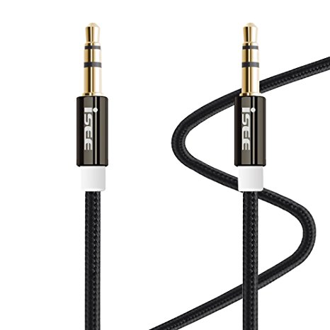 iSEE 4Ft Nylon 3.5mm Male to Male Premium Aux Cable ,Tangle-Free Aux Audio Cable for Apple, Samsung, Android, Car and Home Stereos,Headphone,Mp3 Players,gold-plated Connectors, Black