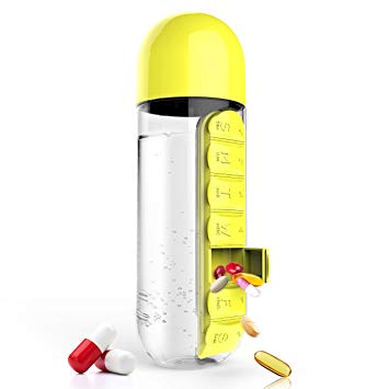 Asobu Combine Daily Pill Box Organizer with Water Bottle, 20 oz, Black (Yellow)