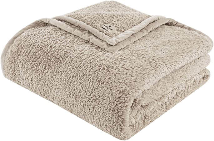 Woolrich Burlington Berber Blanket Super Soft, Cozy Lightweight Cover with Luxrurious Velvet Binding, Modern Trendy All Season Bedspread Bedding-Set, King: 108x90, Tan