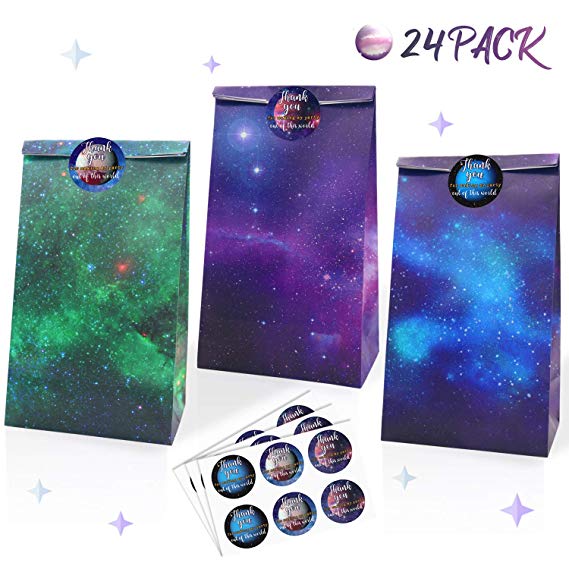 Galaxy Themed Party Supplies- Outer Space Theme Party Goodie Bags & Thank You Stickers- Solar System Party Favors Bags for Kids, Teachers Day Rewards- Kraft Paper Treat Bags Set of 24