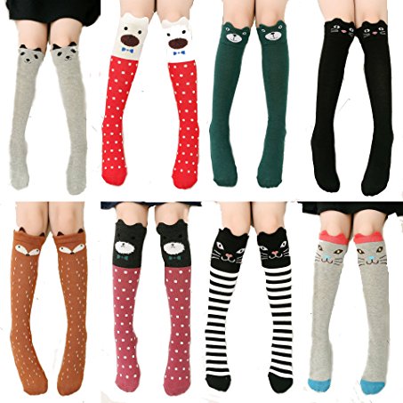 Udobuy Super Cute 8 Pairs Girl Cartoon Animal Cat Bear Fox Cotton Over Calf Knee High Socks