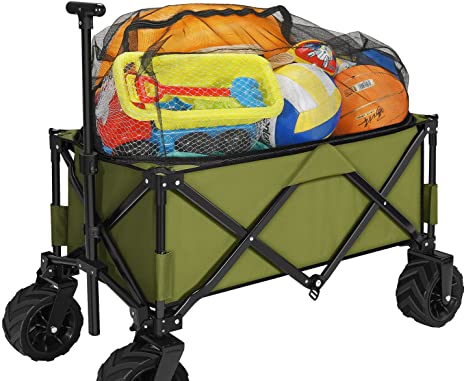 PA Beach Cart with Big Wheels for Sand Foldable Wagon Removable Canvas Easy Foldable Army Green