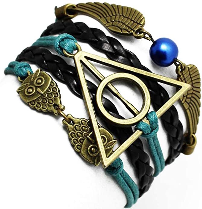 4MEMORYS Vintage Owl Wings Charm Bracelet Handmade Leather Rope Bracelet for Harry Potter Fans