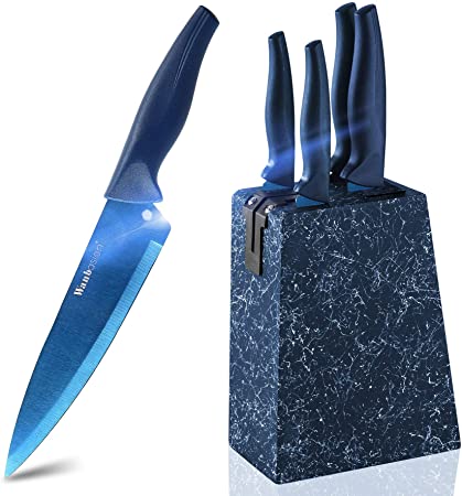 Wanbasion Marbling Blue Kitchen Knife Set Block, Kitchen Knife Set Block Wood, Professional Kitchen Knife Set Block with Knife Sharpener