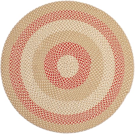 Super Area Rugs Round 4' Beige - Red - Ivory Circular Braided Rug for Farmhouse/Primitive Style Kitchens and Dining Table