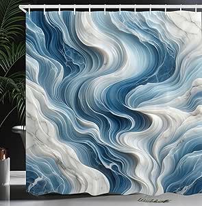 Ambesonne Blue Shower Curtain, Surreal Waves of Marble Print with Oceanic Colors Modern Abstract Style, Cloth Fabric Bathroom Decor Set with Hooks, 69" W x 75" L, Sky Blue and Off White