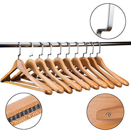 Jacket Hangers Coat Hangers10-Pack for Coats and Pants Wooden Clothes Hanger Solid Wood Suit Hangers with Non Slip Bar Walnut Finish Wooden Coat Hangers Clothes-rack (Natural Wood, 10)