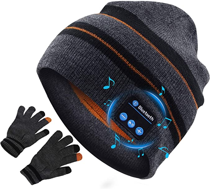 puersit Bluetooth Beanie Wireless Headphone Hat Music Soft Hat with Stereo Speakers,Winter Knit Hat Wireless Mic Hands-Free for Men Women Sports Fitness Travel Birthday Xmas Gift (Strip Gloves)