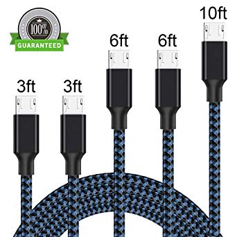 Micro USB Cable, 5Pack 3FT 3FT 6FT 6FT 10FT Nylon Braided High Speed 2.0 USB to Micro USB Charging Cables Android Fast Charger Cord for Samsung Galaxy S7 Edge/S6/S5/S4,Note 4/5,HTC,LG,Tablet