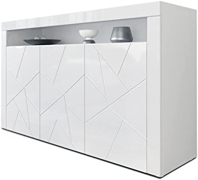 Vladon Sideboard Cabinet Valencia, Carcass in White matt/Front in White High Gloss Element with a milled 3D Structure and frames in White High Gloss