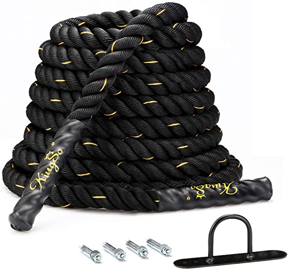 KINGSO Battle Rope 1.5 Inch Heavy Battle Exercise Training Rope 30ft Length Workout Rope 100% Dacron Fitness Rope for Strength Training Home Gym Outdoor Cardio Workout, Anchor Included